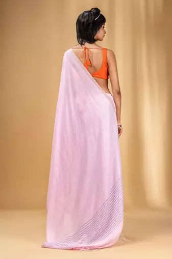 Baby Pink Cotton Handwoven Saree With Stripes Pallu