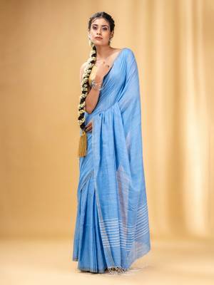 Light Blue Cotton Handwoven Saree With Stripes Pallu 1