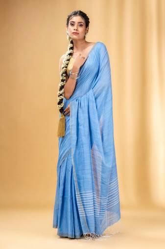 Light Blue Cotton Handwoven Saree With Stripes Pallu