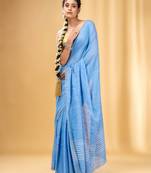 Light Blue Cotton Handwoven Saree With Stripes Pallu