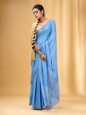 Light Blue Cotton Handwoven Saree With Stripes Pallu 2
