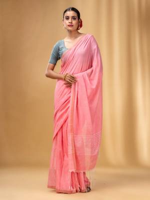 Flamingo Pink Cotton Handwoven Saree With Stripes Pallu 1