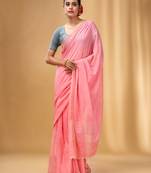 Flamingo Pink Cotton Handwoven Saree With Stripes Pallu