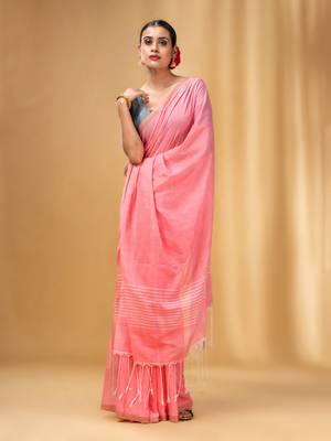 Flamingo Pink Cotton Handwoven Saree With Stripes Pallu 2