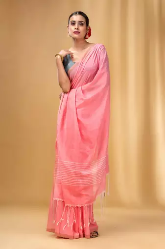 Flamingo Pink Cotton Handwoven Saree With Stripes Pallu