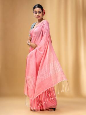 Flamingo Pink Cotton Handwoven Saree With Stripes Pallu 3