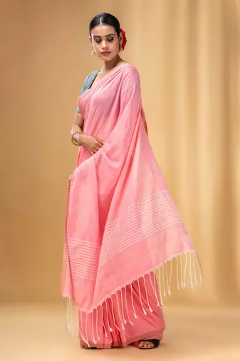 Flamingo Pink Cotton Handwoven Saree With Stripes Pallu