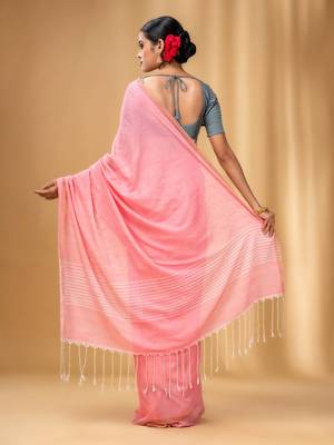 Flamingo Pink Cotton Handwoven Saree With Stripes Pallu 4