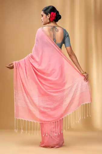 Flamingo Pink Cotton Handwoven Saree With Stripes Pallu