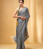 Grey Cotton Handwoven Saree With Stripes Pallu