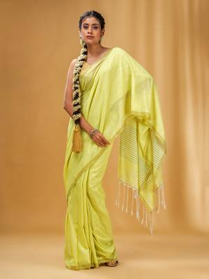 Lime Green Green Cotton Handwoven Saree With Stripes Pallu 1