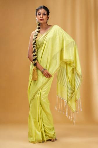 Lime Green Green Cotton Handwoven Saree With Stripes Pallu