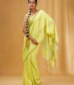 Lime Green Green Cotton Handwoven Saree With Stripes Pallu