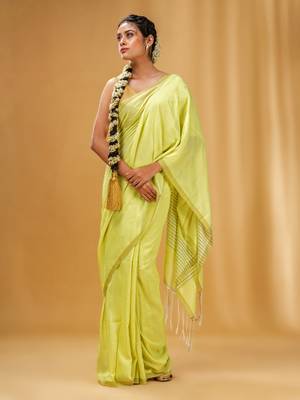 Lime Green Green Cotton Handwoven Saree With Stripes Pallu 2
