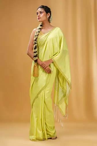 Lime Green Green Cotton Handwoven Saree With Stripes Pallu