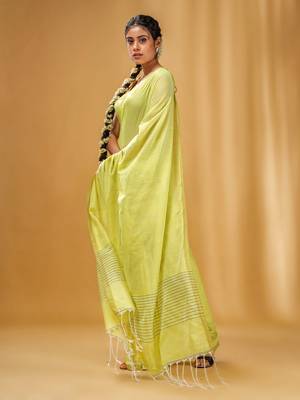 Lime Green Green Cotton Handwoven Saree With Stripes Pallu 3