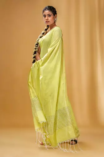 Lime Green Green Cotton Handwoven Saree With Stripes Pallu