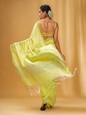 Lime Green Green Cotton Handwoven Saree With Stripes Pallu 4