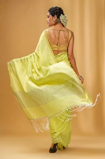 Lime Green Green Cotton Handwoven Saree With Stripes Pallu