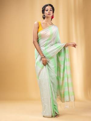 Green And Beige Cotton Handwoven Soft Saree With Stripe Pattern 1
