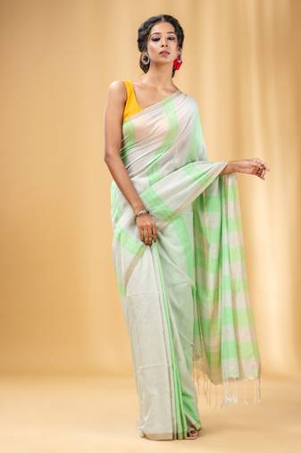 Green And Beige Cotton Handwoven Soft Saree With Stripe Pattern