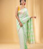 Green And Beige Cotton Handwoven Soft Saree With Stripe Pattern