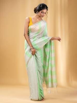 Green And Beige Cotton Handwoven Soft Saree With Stripe Pattern 2