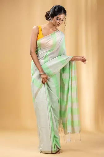 Green And Beige Cotton Handwoven Soft Saree With Stripe Pattern