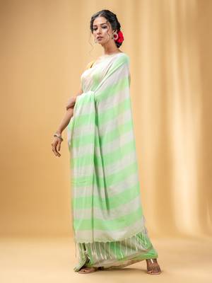 Green And Beige Cotton Handwoven Soft Saree With Stripe Pattern 3