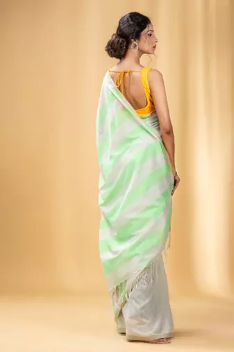 Green And Beige Cotton Handwoven Soft Saree With Stripe Pattern
