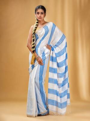 White And Blue Cotton Handwoven Soft Saree With Stripe Pattern 1