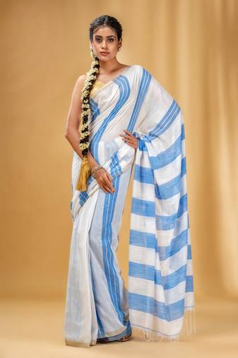 White And Blue Cotton Handwoven Soft Saree With Stripe Pattern