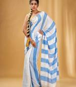 White And Blue Cotton Handwoven Soft Saree With Stripe Pattern