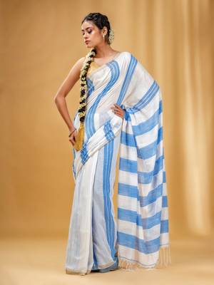 White And Blue Cotton Handwoven Soft Saree With Stripe Pattern 2