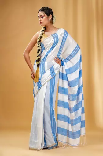 White And Blue Cotton Handwoven Soft Saree With Stripe Pattern