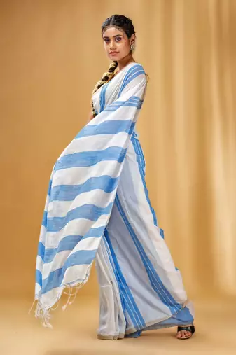 White And Blue Cotton Handwoven Soft Saree With Stripe Pattern