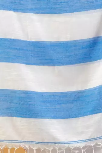 White And Blue Cotton Handwoven Soft Saree With Stripe Pattern