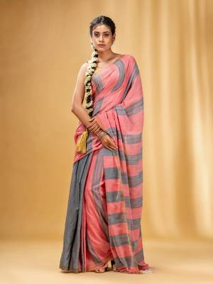 Grey And Red Cotton Handwoven Soft Saree With Stripe Pattern 1