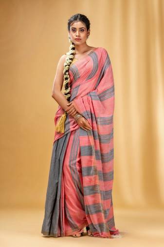 Grey And Red Cotton Handwoven Soft Saree With Stripe Pattern
