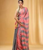 Grey And Red Cotton Handwoven Soft Saree With Stripe Pattern
