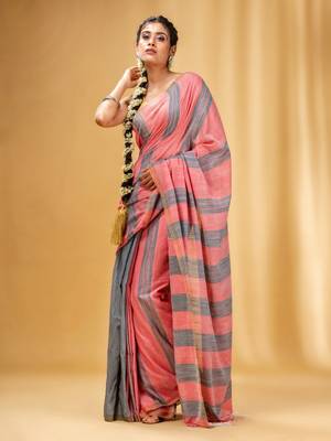 Grey And Red Cotton Handwoven Soft Saree With Stripe Pattern 2