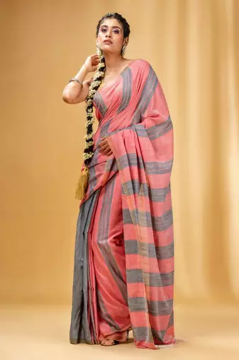 Grey And Red Cotton Handwoven Soft Saree With Stripe Pattern