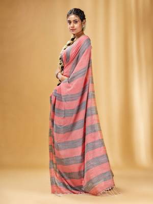 Grey And Red Cotton Handwoven Soft Saree With Stripe Pattern 3