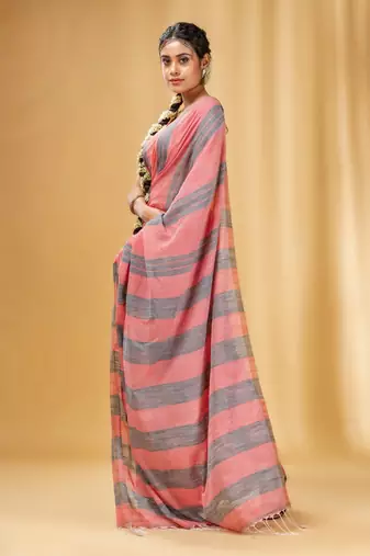Grey And Red Cotton Handwoven Soft Saree With Stripe Pattern