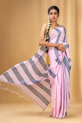 Babu Pink And Grey Cotton Handwoven Soft Saree With Stripe Pattern