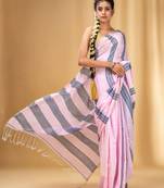 Babu Pink And Grey Cotton Handwoven Soft Saree With Stripe Pattern