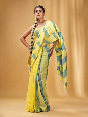 Yellow And Teal Cotton Handwoven Soft Saree With Stripe Pattern 1
