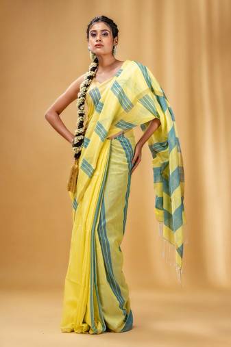 Yellow And Teal Cotton Handwoven Soft Saree With Stripe Pattern