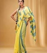 Yellow And Teal Cotton Handwoven Soft Saree With Stripe Pattern