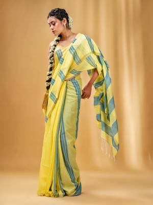 Yellow And Teal Cotton Handwoven Soft Saree With Stripe Pattern 2